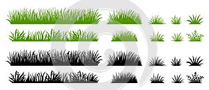 Green and black grass silhouette. Cartoon weed field. Lawn flat illustration. Vector eco and organic logo element