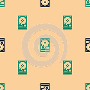 Green and black Hard disk drive HDD icon isolated seamless pattern on beige background. Vector
