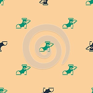 Green and black Hermes sandal icon isolated seamless pattern on beige background. Ancient greek god Hermes. Running shoe