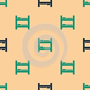 Green and black Hotel room bed icon isolated seamless pattern on beige background. Vector