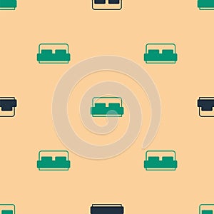 Green and black Hotel room bed icon isolated seamless pattern on beige background. Vector