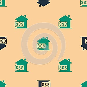Green and black House with dollar symbol icon isolated seamless pattern on beige background. Home and money. Real estate
