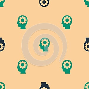 Green and black Human head with gear inside icon isolated seamless pattern on beige background. Artificial intelligence