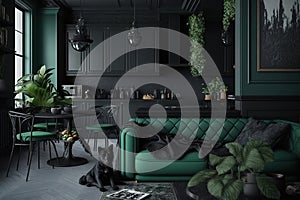 Green and Black interior design. Generative Ai