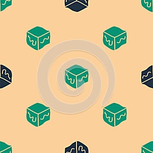 Green and black Isometric cube icon isolated seamless pattern on beige background. Geometric cubes solid icon. 3D square