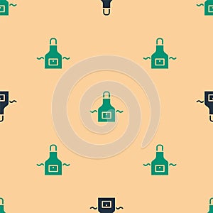 Green and black Kitchen apron icon isolated seamless pattern on beige background. Chef uniform for cooking. Vector