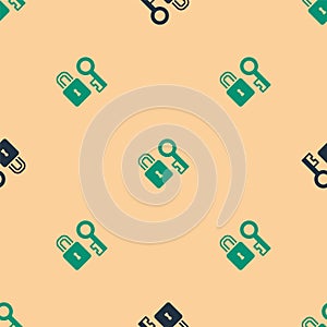 Green and black Lock with key icon isolated seamless pattern on beige background. Love symbol and keyhole sign. Vector