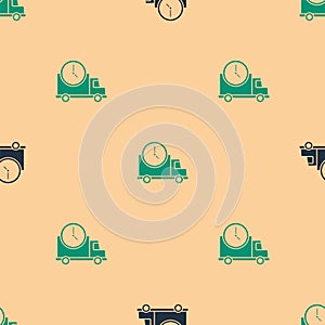 Green and black Logistics delivery truck and clock icon isolated seamless pattern on beige background. Delivery time