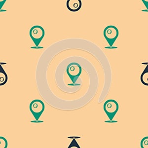 Green and black Map pointer with billiard pool snooker ball with number 8 icon isolated seamless pattern on beige