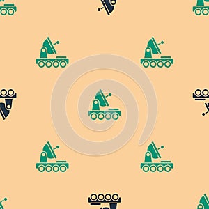 Green and black Mars rover icon isolated seamless pattern on beige background. Space rover. Moonwalker sign. Apparatus