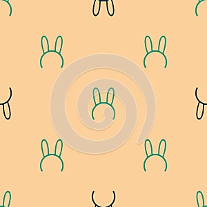 Green and black Mask with long bunny ears icon isolated seamless pattern on beige background. Vector Illustration