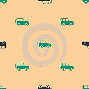 Green and black Off road car icon isolated seamless pattern on beige background. Vector