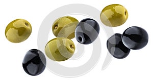 Green and black olives isolated on white background with clipping path