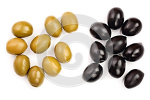 Green and black olives isolated on a white background. Top view. Flat lay