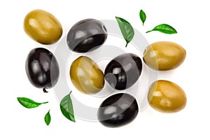 Green and black olives isolated on a white background. Top view. Flat lay