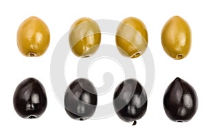 Green and black olives isolated on a white background. Top view. Flat lay. Set or collection