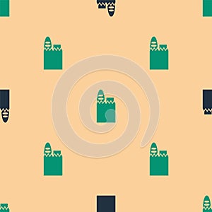 Green and black Paper shopping bag and food icon isolated seamless pattern on beige background. Food store, supermarket