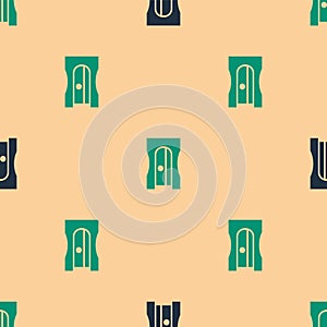 Green and black Pencil sharpener icon isolated seamless pattern on beige background. Vector Illustration