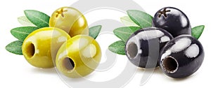 Green and black pitted olives with olive leaves isolated on white background