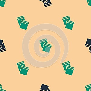 Green and black Plastic bag with ziplock icon isolated seamless pattern on beige background. Vector