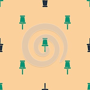 Green and black Push pin icon isolated seamless pattern on beige background. Thumbtacks sign. Vector Illustration