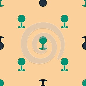 Green and black Push pin icon isolated seamless pattern on beige background. Thumbtacks sign. Vector Illustration