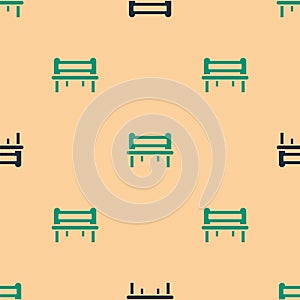 Green and black Romantic bench icon isolated seamless pattern on beige background. Vector