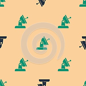 Green and black Satellite dish icon isolated seamless pattern on beige background. Radio antenna, astronomy and space research.