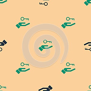 Green and black Solution to the problem in psychology icon isolated seamless pattern on beige background. Key. Therapy