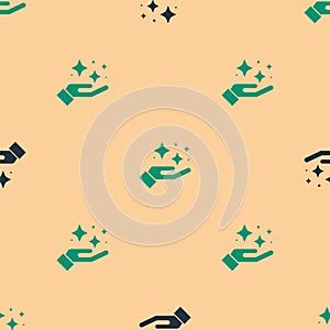 Green and black Sparkle stars with magic trick icon isolated seamless pattern on beige background. Magic christmas