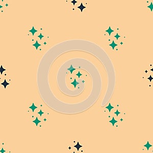 Green and black Sparkle stars with magical glitter particles icon isolated seamless pattern on beige background. Magic