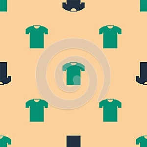 Green and black T-shirt icon isolated seamless pattern on beige background. Vector