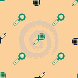 Green and black Tea strainer with handle icon isolated seamless pattern on beige background. Metal sieve. Vector