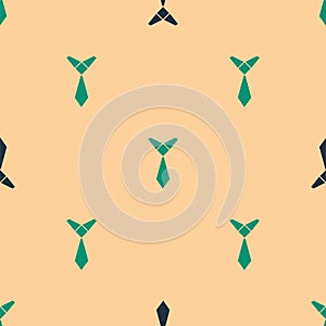 Green and black Tie icon isolated seamless pattern on beige background. Necktie and neckcloth symbol. Vector