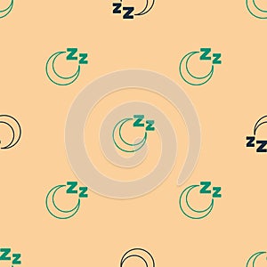 Green and black Time to sleep icon isolated seamless pattern on beige background. Sleepy zzz. Healthy lifestyle. Vector