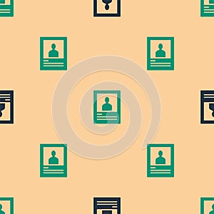 Green and black Wanted poster icon isolated seamless pattern on beige background. Reward money. Dead or alive crime