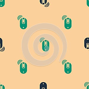 Green and black Wireless computer mouse icon isolated seamless pattern on beige background. Optical with wheel symbol