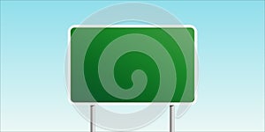 Green blank road sign board with place for text isolated on blue sky background