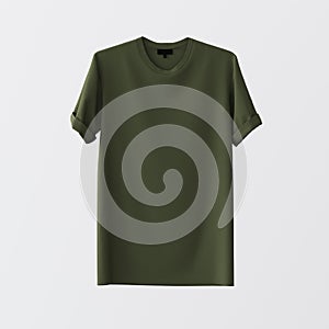 Green Blank Textile Tshirt Isolated Center White Empty Background.Mockup Highly Detailed Texture Materials.Space for