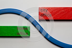 A green block on which the text home office was written. diagonally opposite a red block with the words city office. Both blocks a