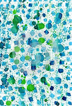 Green blots on white background and colorful splashes. Abstract
