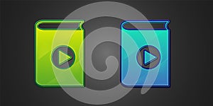 Green and blue Audio book icon isolated on black background. Play button and book. Audio guide sign. Online learning
