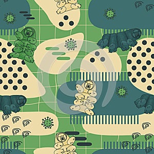 Green, blue, beige tardigrade seamless repeat pattern with lines and dots