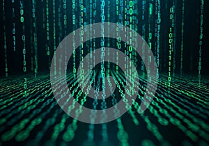 Green and blue binary code streams (0s and 1s) cascade vertically, creating a digital rain effect