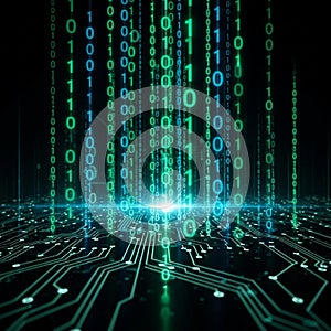 Green and blue binary code streams vertically against a dark background, resembling