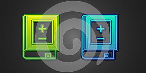 Green and blue Book with mathematics icon isolated on black background. Math book. Education concept about back to