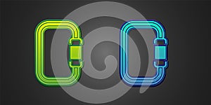 Green and blue Carabiner icon isolated on black background. Extreme sport. Sport equipment. Vector