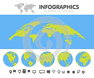 Green and blue cartoon world map globe and pins collection set. Template for infographics vector illustration