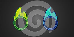 Green and blue Circus fire hoop icon isolated on black background. Ring of fire flame. Round fiery frame. Vector