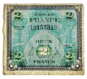 Two Francs issued in France 1944 series vintage bill Front